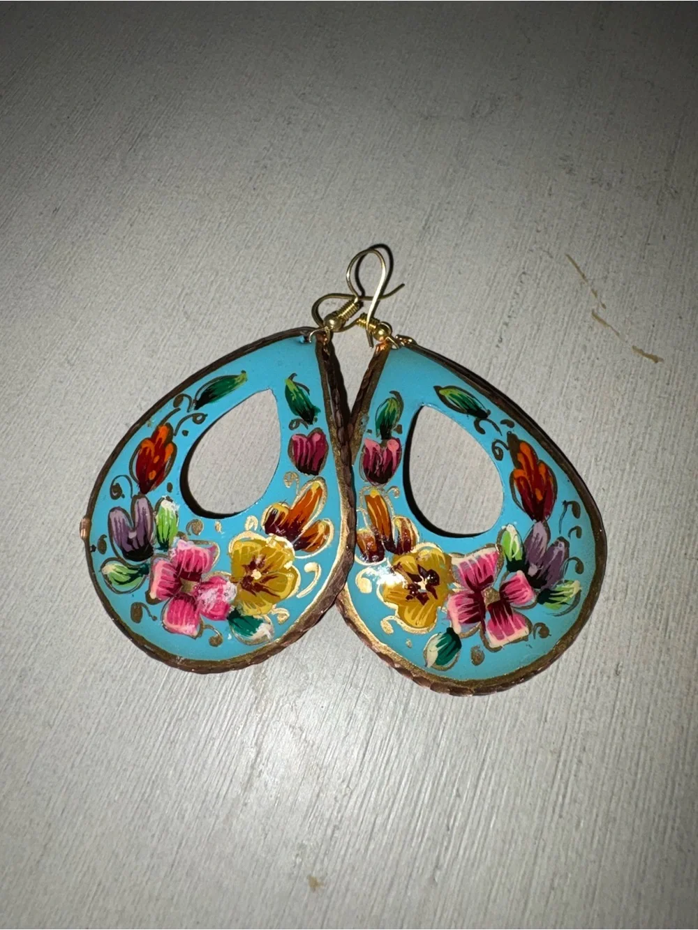 Hand Painted Floral Teardrop Earrings – Artisan Boho Statement - Picture 1 of 2